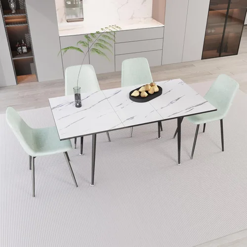 Vista 2 de 47" 63" extendabledining Table and Chair Set, Suitable for 2 6 People, White Dining Table and Light Green Dining Chair 4 Set, Metal Base and Linen