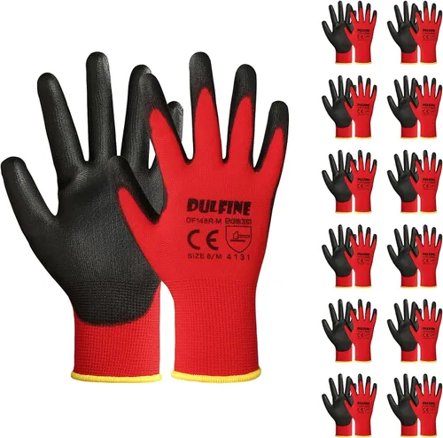 Vista 11 de DULFINE - Guantes de trabajo de seguridad para hombre, 12 pares, ultrafinos con revestimiento de poliuretano, color negro, talla XS