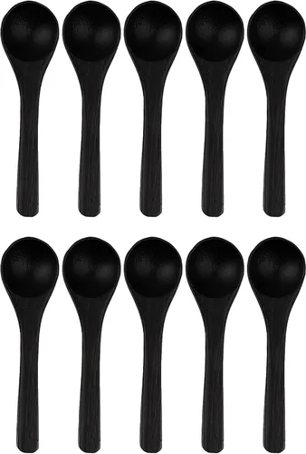 Vista 17 de BambooMN Cucharas de bambú para servir, mini cuchara de azúcar con sal, pequeñas cucharas de madera para especias, ovalada negra de 3.5 pulgadas, 10
