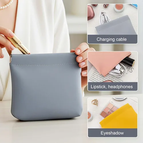 Vista 3 de 4 bolsas de cuero, mini bolsa de cosméticos con cierre automático, organizador de cuero con cierre a presión para bolso, accesorios de viaje