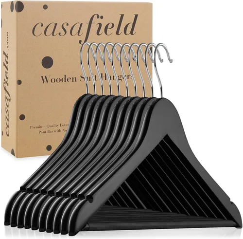 Vista 6 de Casafield - 10 Perchas de Madera Negra para Trajes - Madera de Loto Premium con Muescas y Gancho Giratorio Cromado para Ropa de Vestir, Abrigos