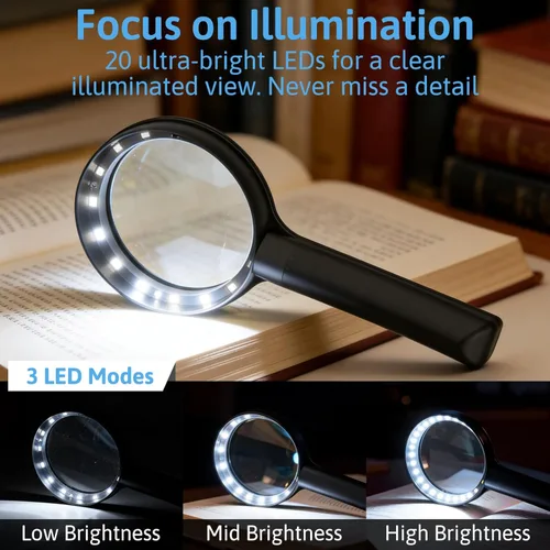 Vista 3 de Lupa 5X con luz, lupa iluminada de mano grande mejorada de 4.33 pulgadas con 3 modos de luz para lectura de personas mayores, monedas, joyas