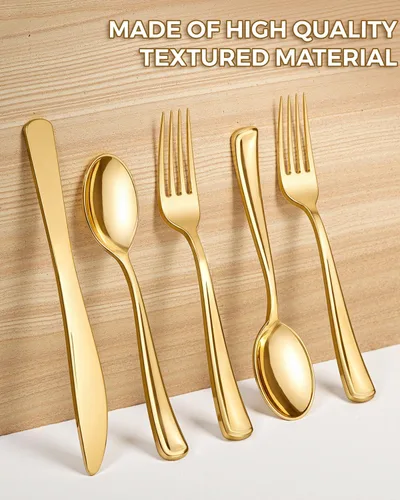 Vista 8 de bUCLA 600 cubiertos de plástico dorado – Utensilios dorados desechables – Juego de cubiertos de plástico resistente – 200 tenedores, 200 cucharas