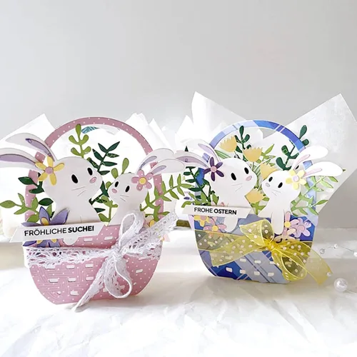 Vista 5 de Cesta de flores de conejo troquelada de metal, plantillas de marco de conejito de animales de Pascua, tarjetas de manualidades, troqueles de corte
