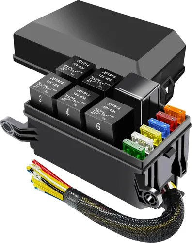 Caja de fusibles y relés de 12 V precableada, 6 ranuras de relé y 6 portafusibles ATC/ATO, con 6 fusibles y 5 relés JD1914 de 5 pines y 1 relé