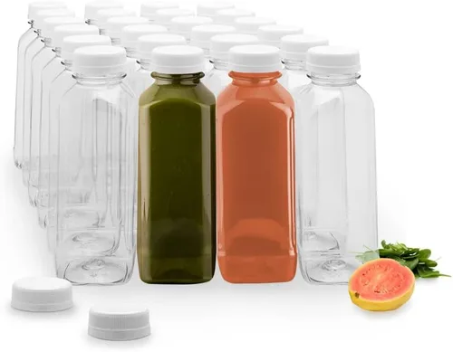 Vista 23 de Restaurantware - Botellas de jugo de 8 onzas, 100 botellas desechables transparentes con tapas - tapas blancas de plástico incluidas, botella