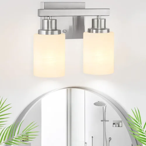 Vista 8 de Accesorios de iluminación de baño sobre espejo, 2 luces modernas de níquel para tocador con pantalla de vidrio blanco, lámparas de pared para espejo