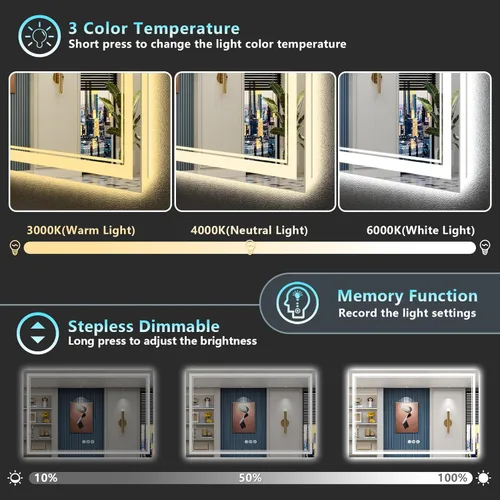Vista 53 de Espejo de baño LED de 20 x 28 pulgadas con luces, retroiluminado y frontal iluminado antivaho para pared de baño, regulable, luz de 3