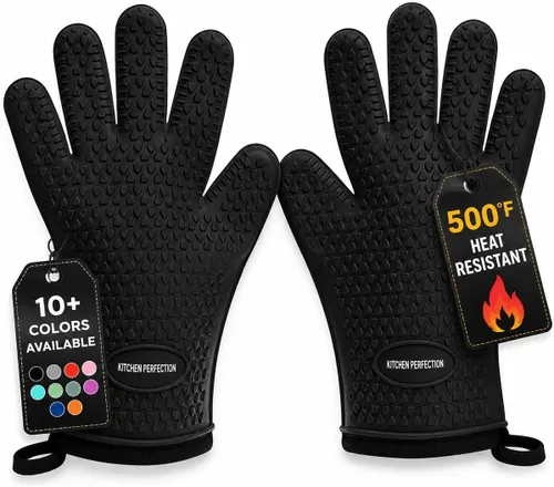 KITCHEN PERFECTION Guantes de silicona para horno ahumador -Guantes de barbacoa extremadamente resistentes al calor-maneja la comida caliente Negro