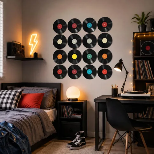 NOLITOY Juego de decoración de pared de disco de vinilo de 9.65 pulgadas, 16 piezas, arte de pared retro negro