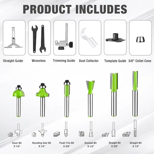 Vista 3 de WORKPRO Kit de enrutador compacto, herramienta de enrutador manual con cable de 6.5 amperios, enrutador de madera de 6 velocidades variables