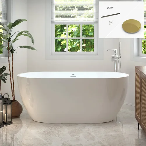 Vista 14 de FerdY Bañera independiente de acrílico Bali de 47 pulgadas, bañera independiente con forma elegante, certificado cUPC, drenaje dorado cepillado