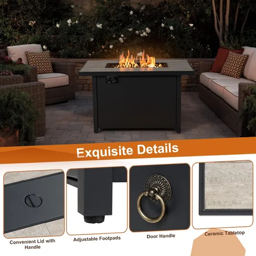Vista 5 de Tangkula Patiojoy - Mesa rectangular de gas de 42 pulgadas, mesa rectangular de gas para exteriores de 60,000 BTU con mesa de cerámica, rocas