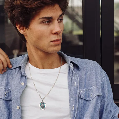 Vista 4 de Collar de plata de ley S925 con amuleto de San Patrón, Medalla de protección para hombres y mujeres