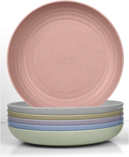 Wheat Straw Deep Plate, 9" Unbreakable Reusable Plastic Plate Set of 6, Thicker & Lightweight for Kitchen | Party | Camping | Picnic | RV,