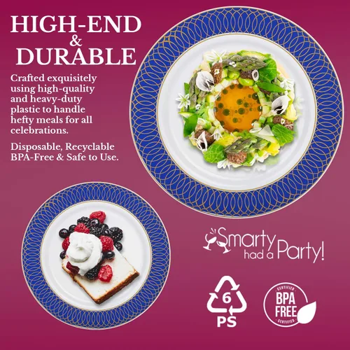 Vista 3 de Elegantes platos desechables de plástico para postre, 120 unidades, 7.25 pulgadas, color blanco elegante con platos azules para aperitivos