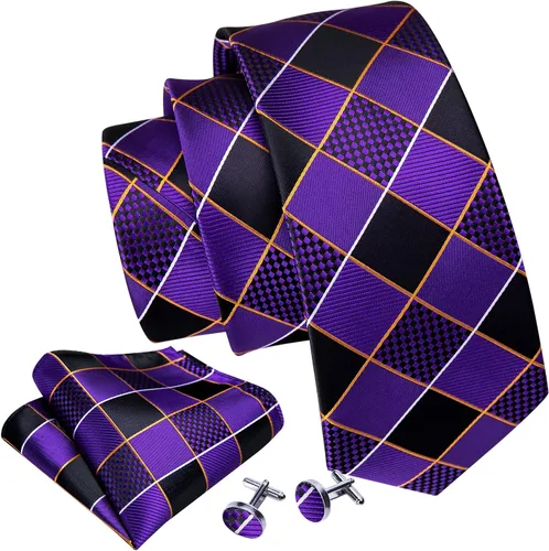 Vista 90 de Barry.Wang Juego de corbatas a cuadros para hombre con pañuelo gemelos de rayas clásicas