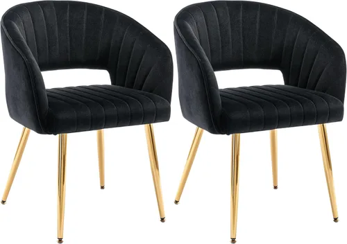 ABET Juego de 2 sillas de comedor de terciopelo, rayas modernas con patas doradas, color negro