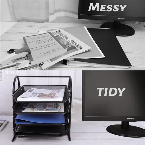 Vista 4 de Ludato 4 - Tier Mesh Metal Desk Organizers and Accessories,Office Supplies Organization Desktop File Organizer Paper Letter Tray Organizer for
