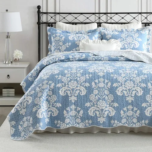 Vista 9 de Juego de edredón 100% algodón tamaño Queen, colcha floral suave prelavada, juego de ropa de cama ligera de 3 piezas para todas las estaciones, ropa