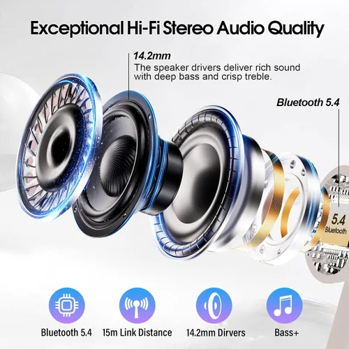 Vista 4 de Auriculares inalámbricos, auriculares Bluetooth 5.4, pantalla táctil multifunción con 5 modos de ecualización, auriculares estéreo de 48 horas
