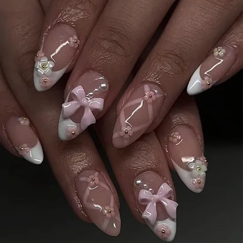 Vista 16 de Uñas postizas a presión con flores, uñas postizas medianas en forma de almendra, uñas postizas con punta francesa, uñas falsas florales brillantes