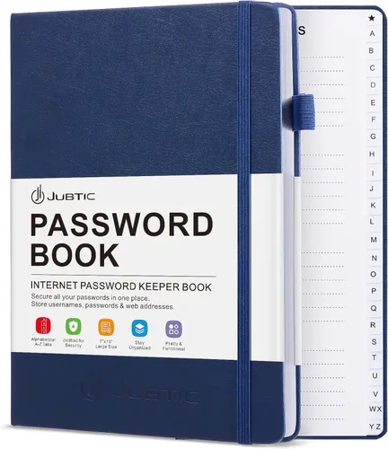 Vista 10 de JUBTIC Libro de contraseñas con pestañas alfabéticas, pequeña libreta de contraseñas con bolsillo interior, registro de inicio de sesión