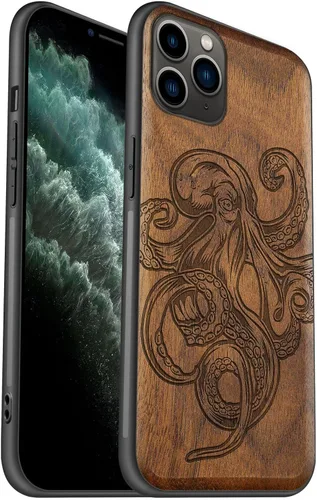 Vista 9 de Carveit Funda de madera para iPhone 11 [madera natural y TPU suave negro] a prueba de golpes, protector de madera único para teléfono compatible