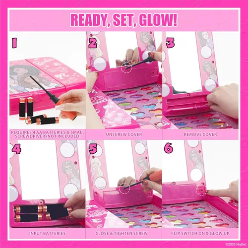 Vista 7 de Set de belleza Barbie Beauty Vanity con espejo iluminado, incluye brillo de labios, sombra de ojos, pinceles, esmalte de uñas, accesorios y más! A