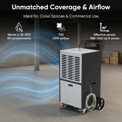 Vista 5 de Deshumidificador comercial de 190 pintas para sótanos y espacios industriales - Bomba integrada, manguera de drenaje, funcionamiento continuo