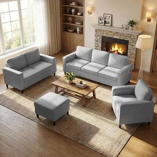 Vista 12 de Mjkone Sofá modular para sala de estar Sofá convertible de 3 plazas con 2 bolsillos laterales Sofá modular moderno con otomana de almacenamiento