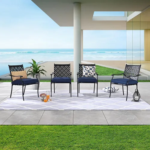 LOKATSE HOME Juego de 4 sillas de patio de hierro forjado, sillas de comedor apilables de metal para exteriores con reposabrazos y cojines gruesos