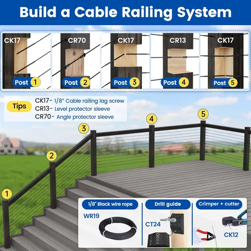 Vista 6 de Muzata Paquete de 40 Kit de Herrajes para Barandilla de Cable Negro de 1/8", Tirafondos de Expansión con Rosca Izquierda y Derecha para Poste