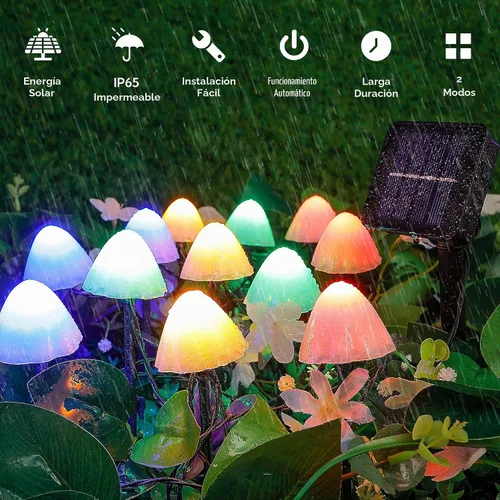 Vista 3 de Juego de 12 luces solares de jardín de hongos, 2 modos de 14.5 pies, funciona con energía solar, luces nocturnas de hongos, impermeables