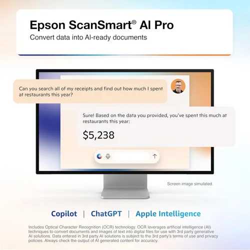 Vista 3 de Epson Workforce ES-65WR Escáner de documentos inalámbrico portátil alimentado con hojas con funciones de contabilidad premium para PC y Mac