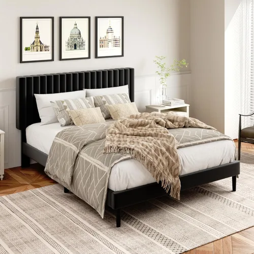 Vista 11 de HAOARA Base de cama de plataforma tamaño Queen con cabecera tapizada de terciopelo, marco de cama Queen con listones de madera fuertes, somier Beige