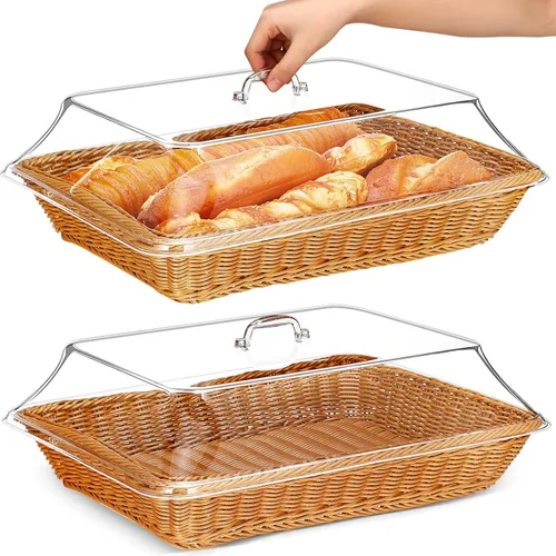 Vista 8 de Mumufy Paquete de 2 cestas de mimbre grandes para pan con tapa acrílica, regalo de inauguración de la casa, cesta rectangular de imitación de ratán