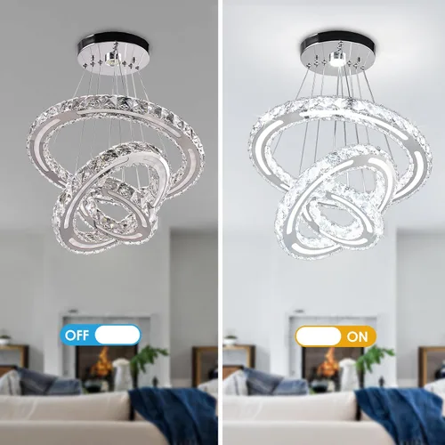 Vista 7 de CXGLEAMING Lámparas de araña modernas de techo LED con 3 anillos, lámpara de araña ajustable de cristal, lámpara de techo colgante para sala