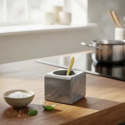 Vista 10 de Creative Co-Op Cuenco de sal de mármol gris con cuchara de acero inoxidable dorado