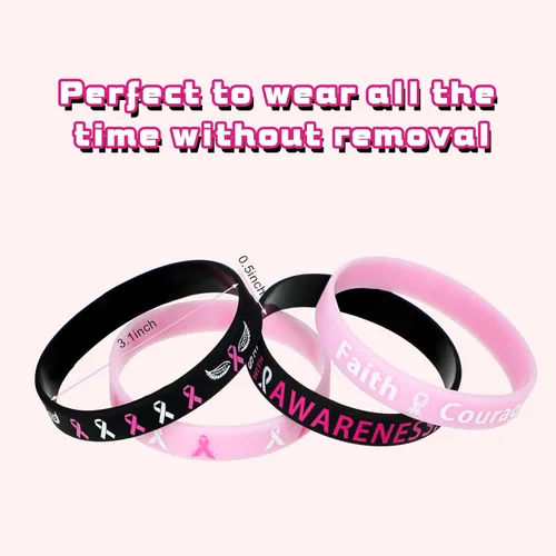Vista 9 de 100 pulseras de concientización sobre el cáncer de mama, pulseras de silicona con cinta rosa para concientización sobre el cáncer de mama