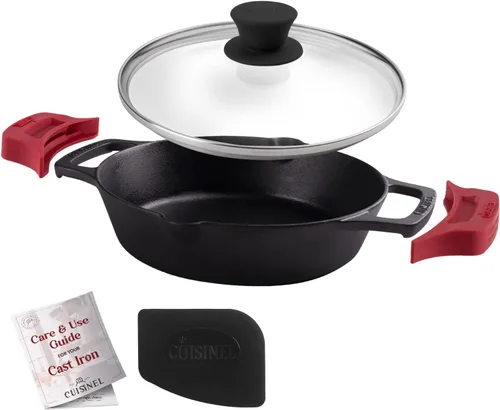 Vista 21 de Sartén de hierro fundido + Juego de tapa de hierro fundido – Sartenes de 8"+10"+12" de doble mango + raspador de sartén + fundas de soporte de mango