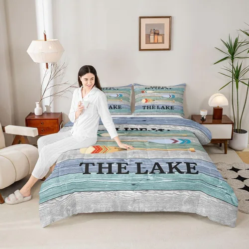 Vista 4 de Lake Life - Juego de edredón de tamaño matrimonial, juego de ropa de cama con remo de lago rústico, decoración de casa de lago, regalos de casa