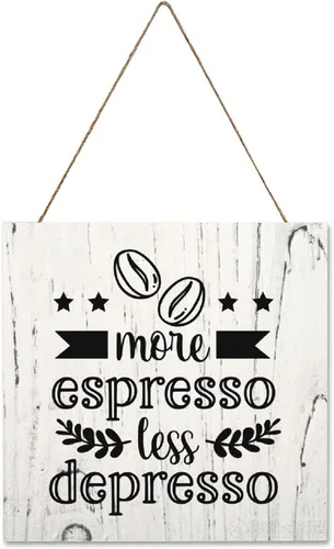 ArogGeld Letrero de madera con texto en inglés "More Espresso Less Depresso" para decoración de pared de granja, placa de madera para cocina,