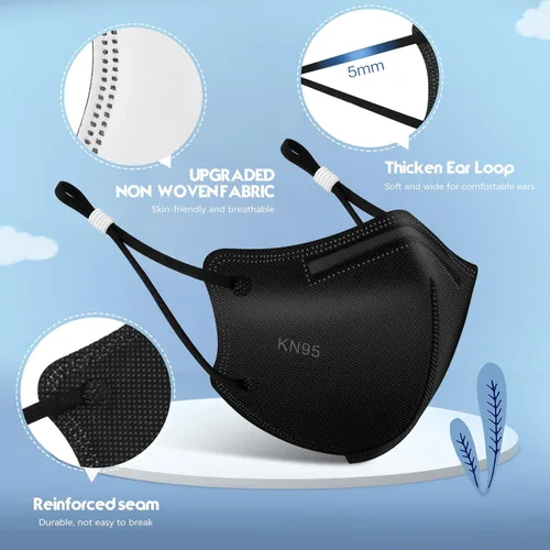 Vista 6 de WWDOLL Mascarilla KN95 para niños, paquete de 50 unidades, mascarillas KN95 transpirables de 5 capas para niños, color negro