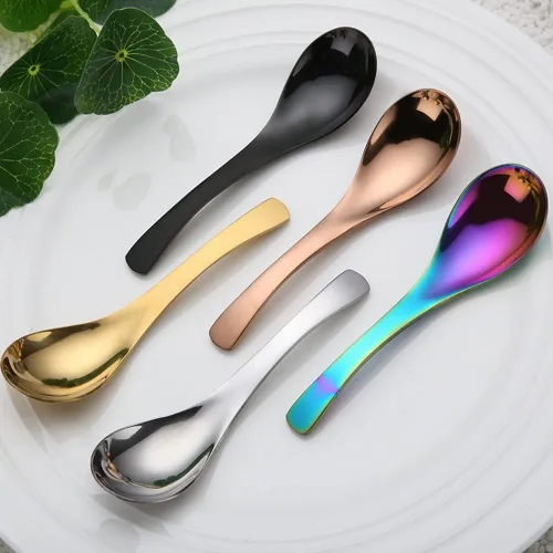 Vista 7 de 5 piezas de cucharas de sopa y postre de acero inoxidable con acabado espejo para sopa, arroz, té, leche, café y helado (dorado)