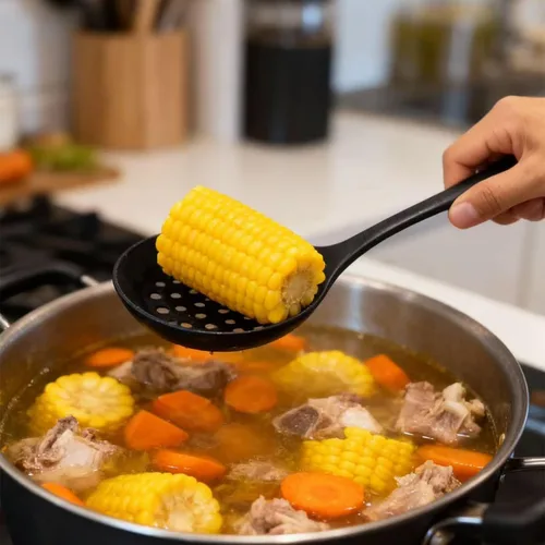 Vista 4 de Cucharas de cocina ranuradas de silicona, cucharón de cocina, cuchara coladora, cuchara espumadora, cucharón de sopa, cucharas ranuradas