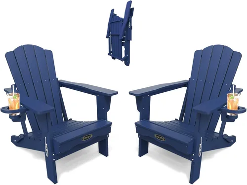 Vista 33 de THOEOE Silla Adirondack plegable, silla de exterior HDPE para todo tipo de clima con soporte para tazas, textura de madera, silla para hoguera