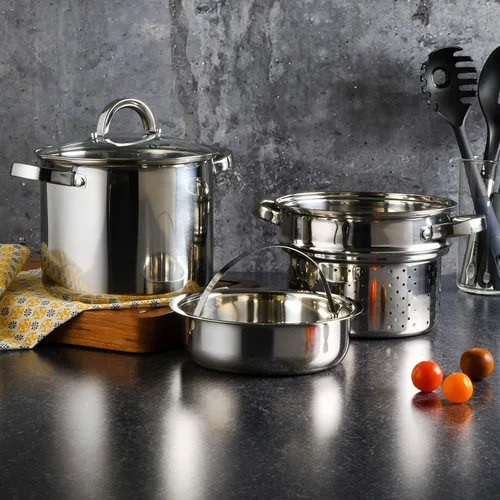 Vista 5 de Oster Sangerfield - Juego de olla de pasta de acero inoxidable de 5 cuartos de galón con vaporera, cesta y tapa – Utensilios de cocina duraderos