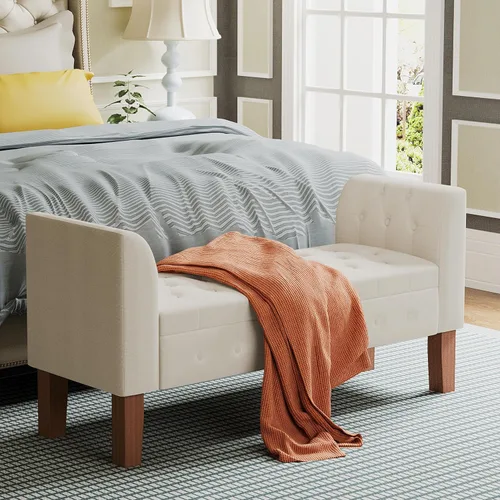 Vista 12 de Awonde Banco de almacenamiento tapizado con brazos otomano para dormitorio, entrada, sala de estar, color caqui