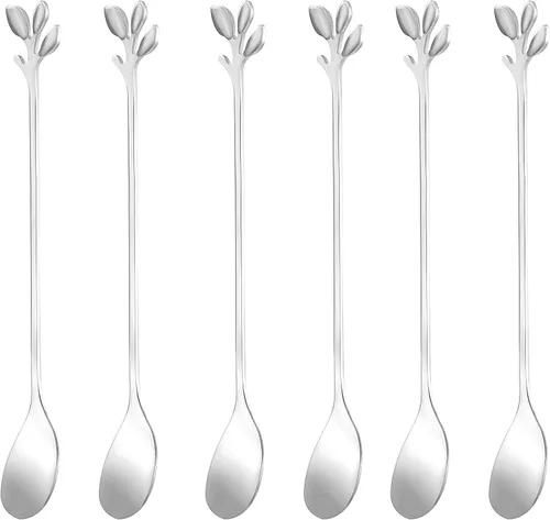 Vista 10 de NMQLX Juego de cucharas de postre, 6-16 cucharas de acero inoxidable con forma de flor de 7 pulgadas, cuchara de frutas para helado para el hogar
